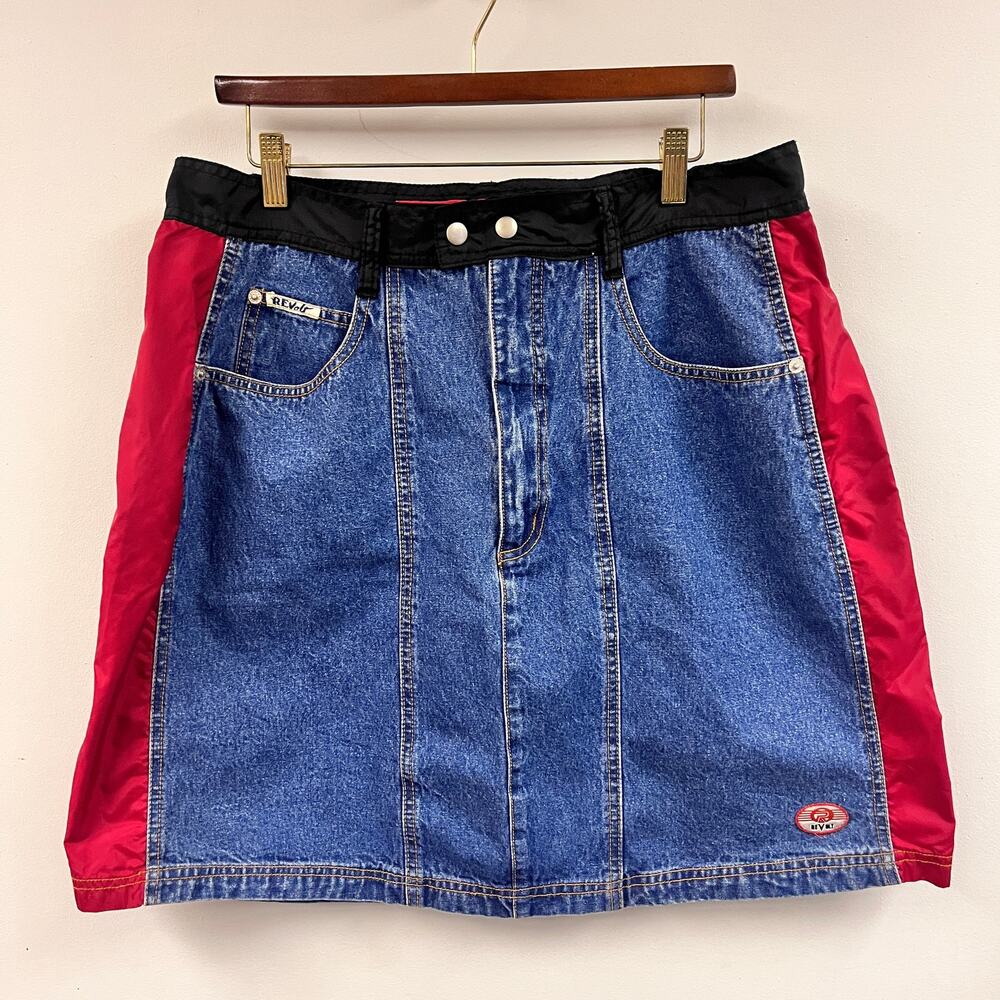 Vintage women's Revolt y2k mixed material denim and windbreaker mini skirt